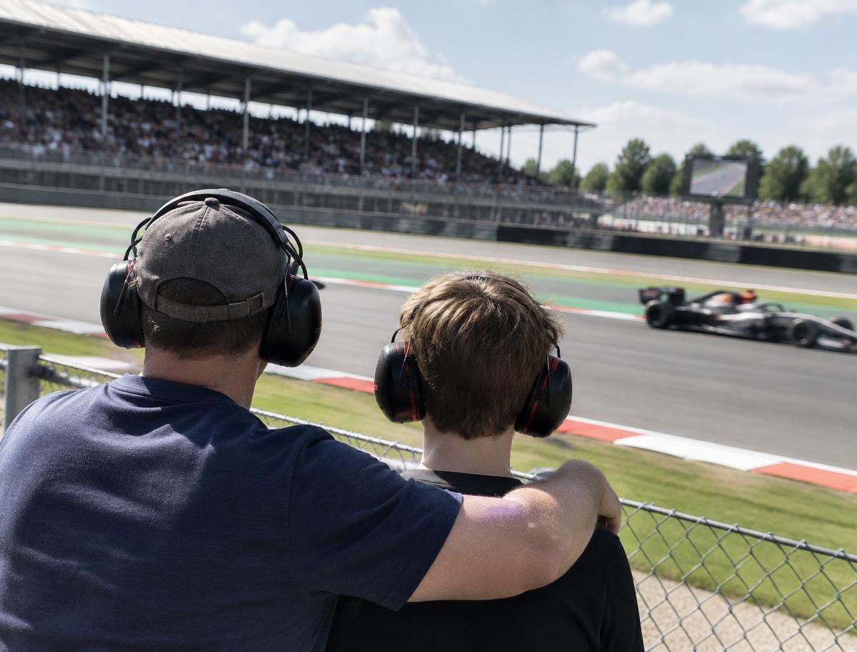Padre e hijo con cascos viendo pasar un monoplaza