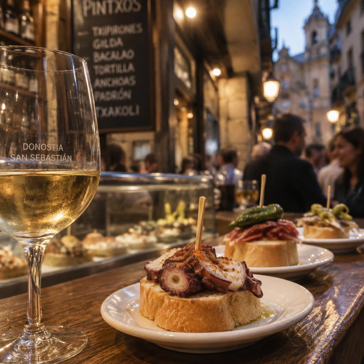 Pintxos y vino blanco en una barra de San Sebastián
