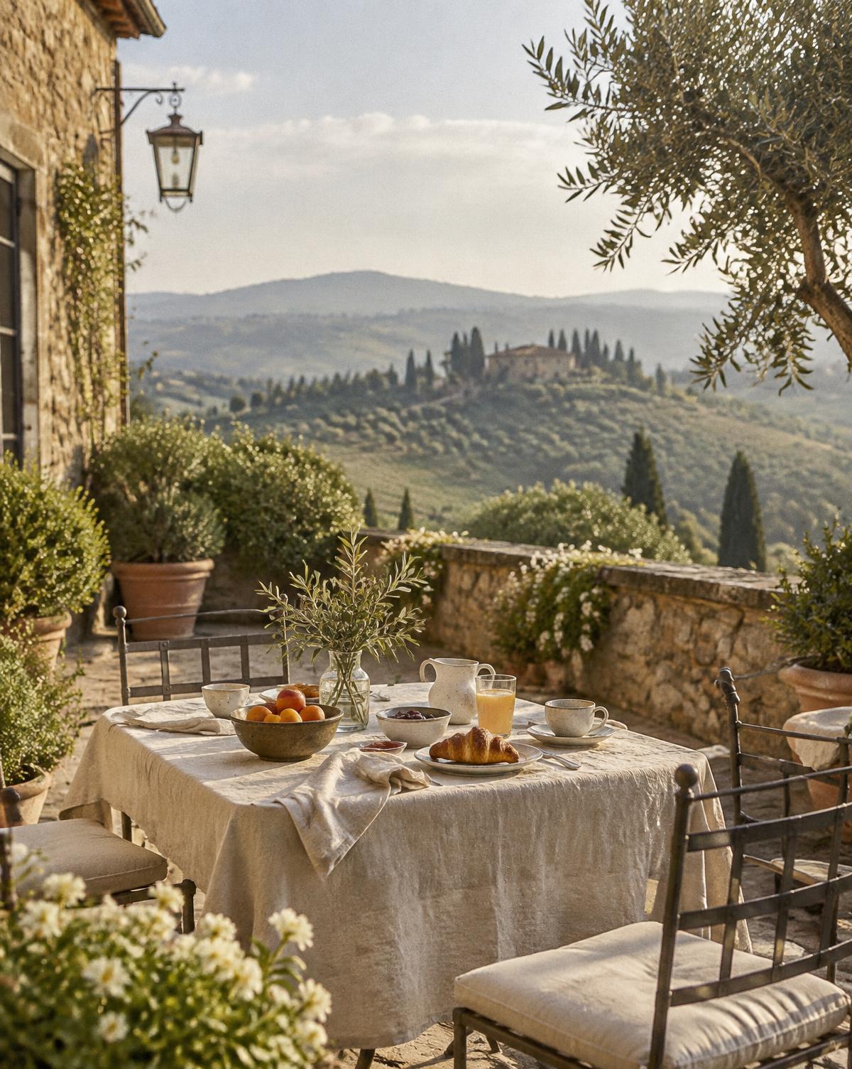 Desayuno en la terraza de un hotel en la Toscana