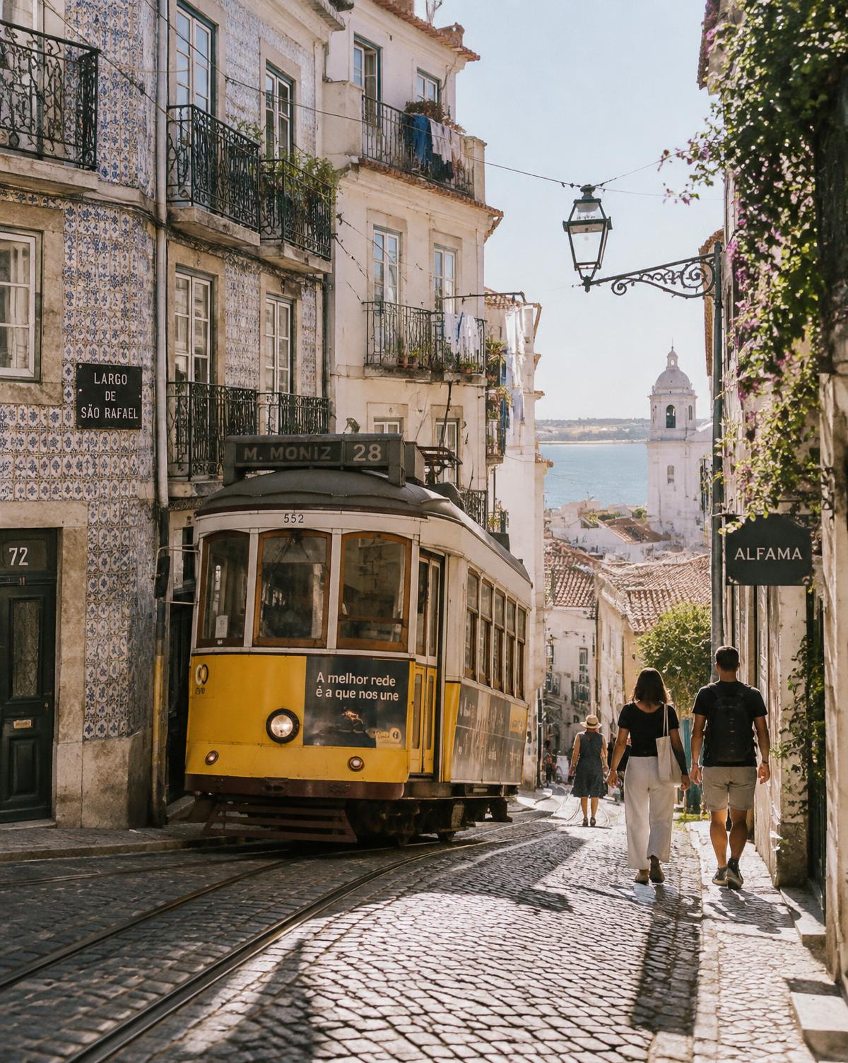 Tranvía amarillo en una calle de Alfama, Lisboa