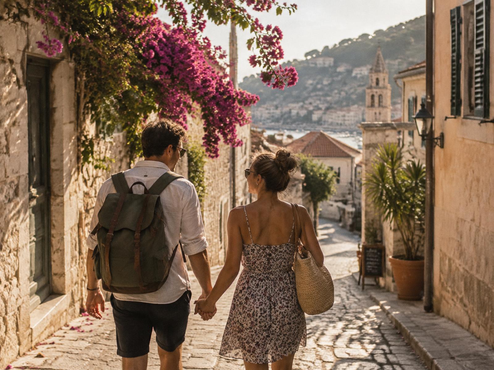 Pareja paseando de la mano por una calle mediterránea con buganvillas