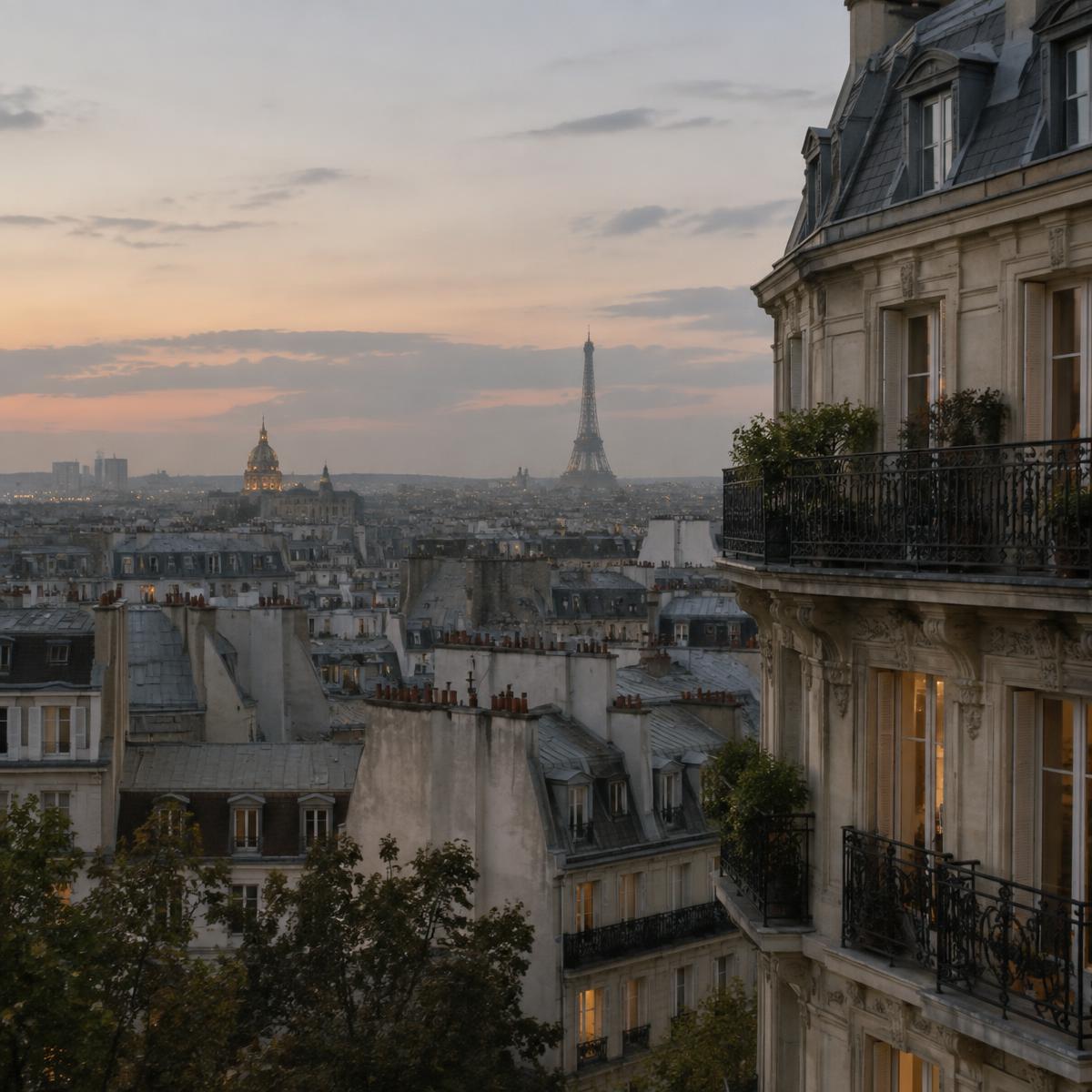 Tejados de París al anochecer con la Torre Eiffel