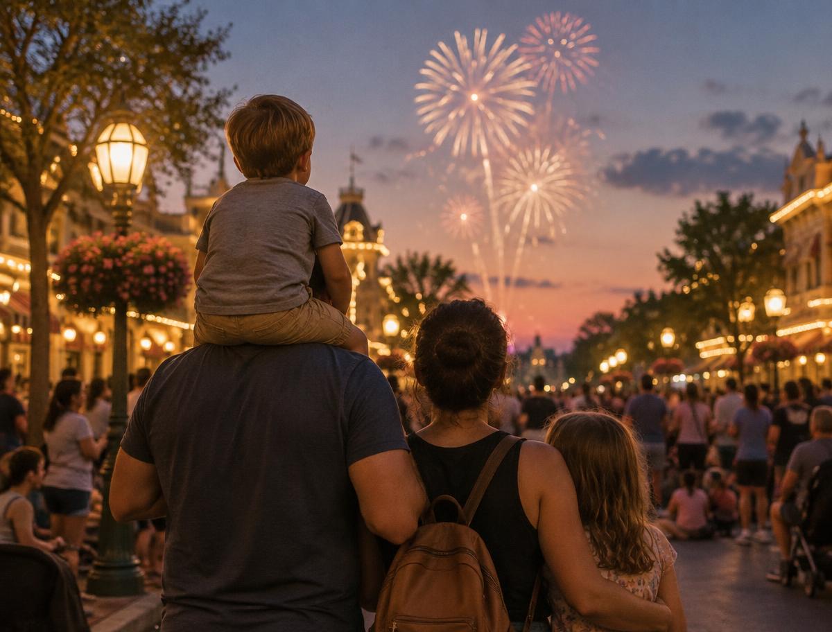 Familia viendo fuegos artificiales en un parque temático